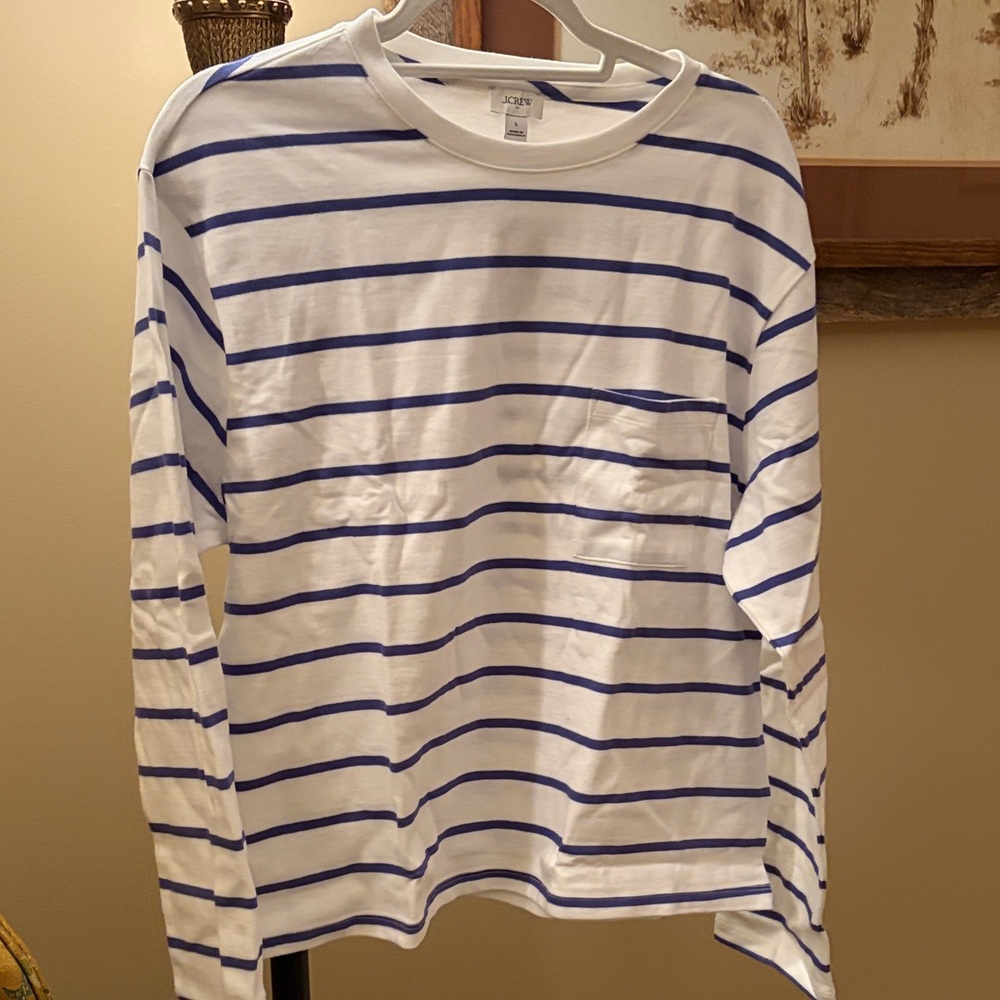 J. Crew Ivory Bistro Blue Striped Long-Sleeve Pocket Tee/NWT/L - Picture 9 of 10